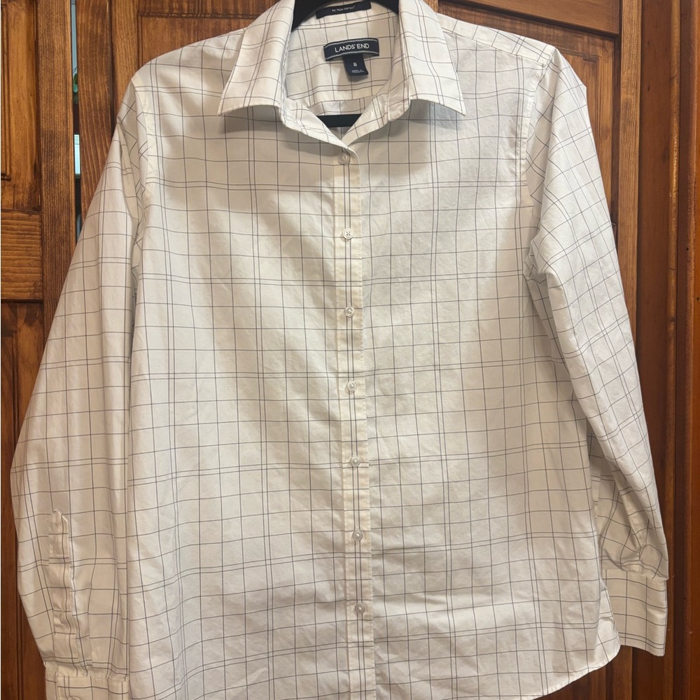 Lands' End Woman’s  White Dress Shirt with Gray Windowpane